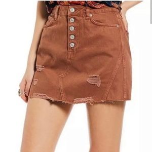 Free People High Waisted Burnt Orange Distressed Denim A-line Mini Skirt size 29
